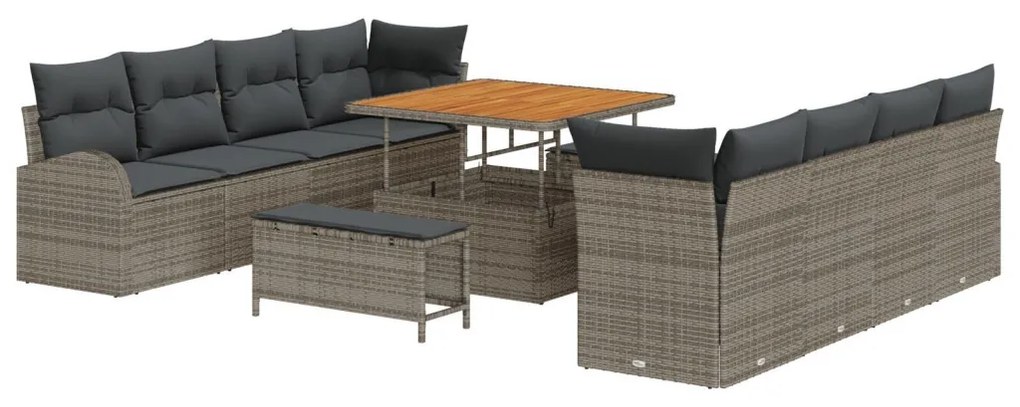 11 darabos Kerti Sofa Szett Párnákkal Szürke Poli Rattan Akácia, 2 személyes Kerti Sofa Tárolóval és Párnákkal Szürke Poli Rattan, 3 darabos Kerti Étkező Szett Párnákkal Szürke Poli Rattan Akácia
