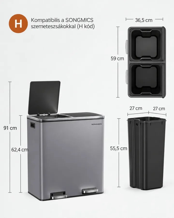 2 rekeszes pedálos recycling szemetes lágy záródással, szürke fém