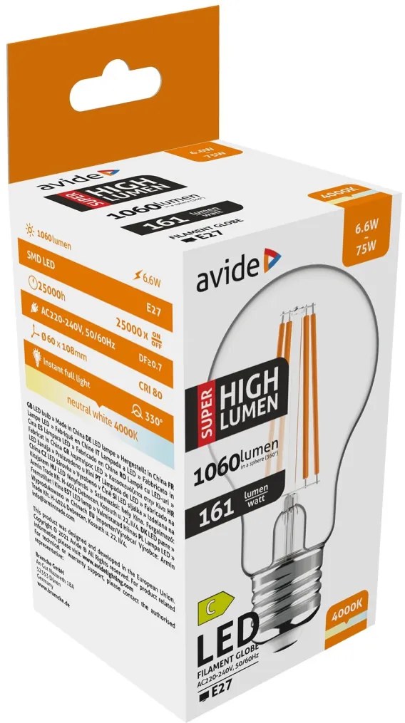 Avide LED Filament Globe 6.6W E27 A60 NW 4000K Super High Lumen