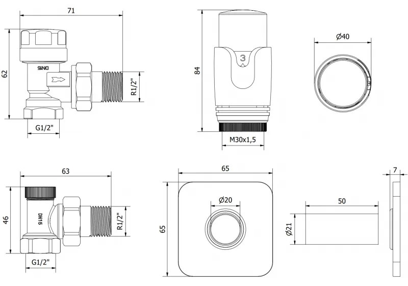 Mexen G00, sarokszelep G 1/2" fedéllel és termosztatikus fejjel M30x1,5 mm, arany fényes, W901-900-909-50