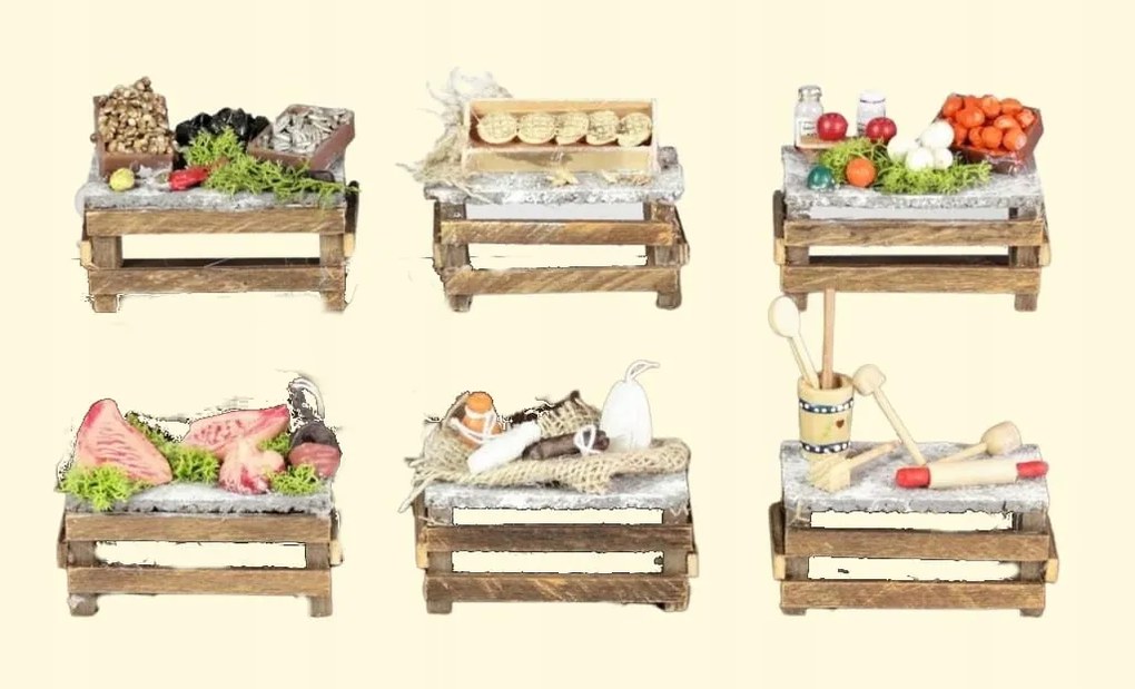 Fa bazár asztalok, 6 különböző, 9,5x5x6,5cm