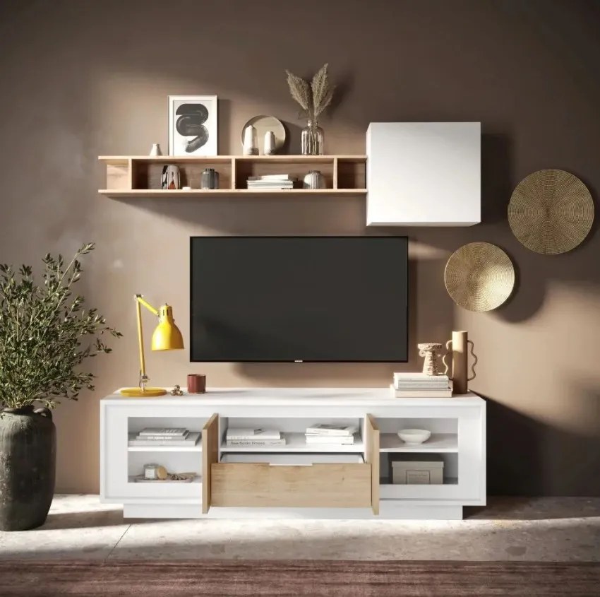 SKY 2.0 TV-szekrény 2 ajtóval és 1 fiókkal, fehér matt lakkozott vázzal, Cadiz tölgy mintázatú laminált előlapokkal