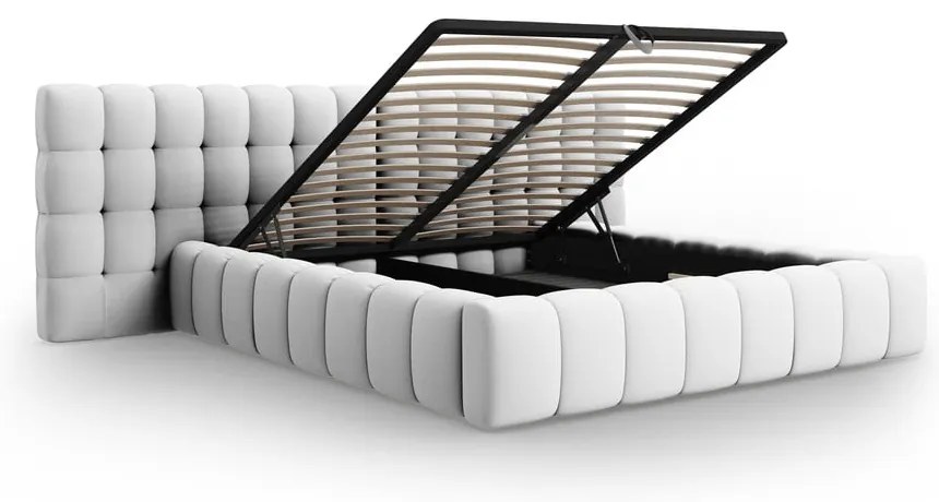 Világosszürke kárpitozott ágyneműtartós franciaágy ágyráccsal 200x200 cm Mamaia – Micadoni Home