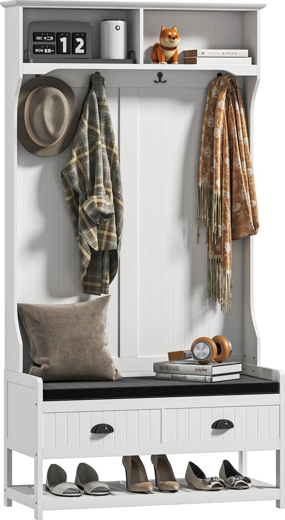 HOMCOM 2 az 1-ben Kabáttartó, Ruhakilógató 4 Horoggal, Szekrény Cipőpaddal és Polcokkal, Falvédő Anti-Flip Védelemmel, Bejárati Területhez, Előszobáho