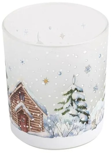 Karácsonyi üveg mécsestartó 10x9 cm - erdei ház havas