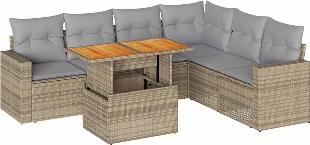 vidaXL 7 részes bézs polyrattan kerti ülőgarnitúra párnákkal