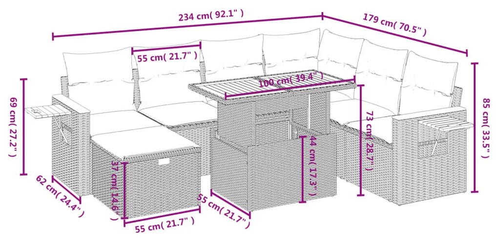 8 részes fekete polyrattan kerti ülőgarnitúra párnákkal