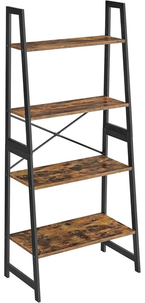 Könyvespolc 4 szintes 63x34x137 cm, rusztikus barna és fekete színben,