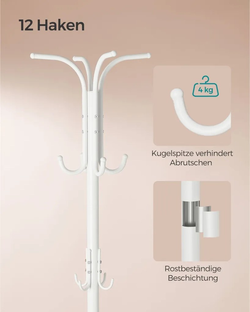 Álló fém ruhafogas, esernyőtartóval, 12 akasztóval, gyöngyházfehér 175 cm magas
