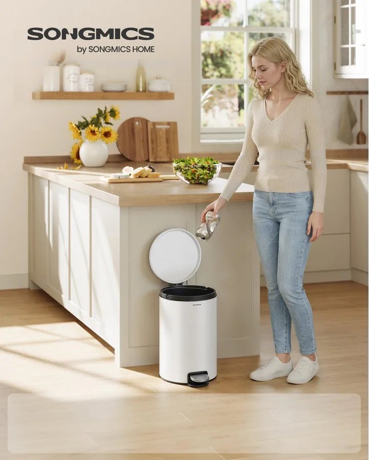 Fém kerek konyhai szemetes, 20 L, pedálos, levehető belső vödörrel, fehér
