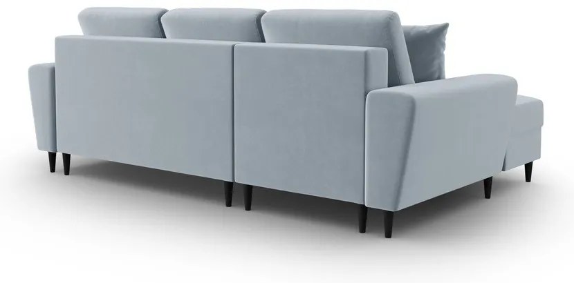 Világoskék bársony kinyitható tárolóhelyes sarokkanapé (bal oldali-heverő résszel) Kyoto – Cosmopolitan Design