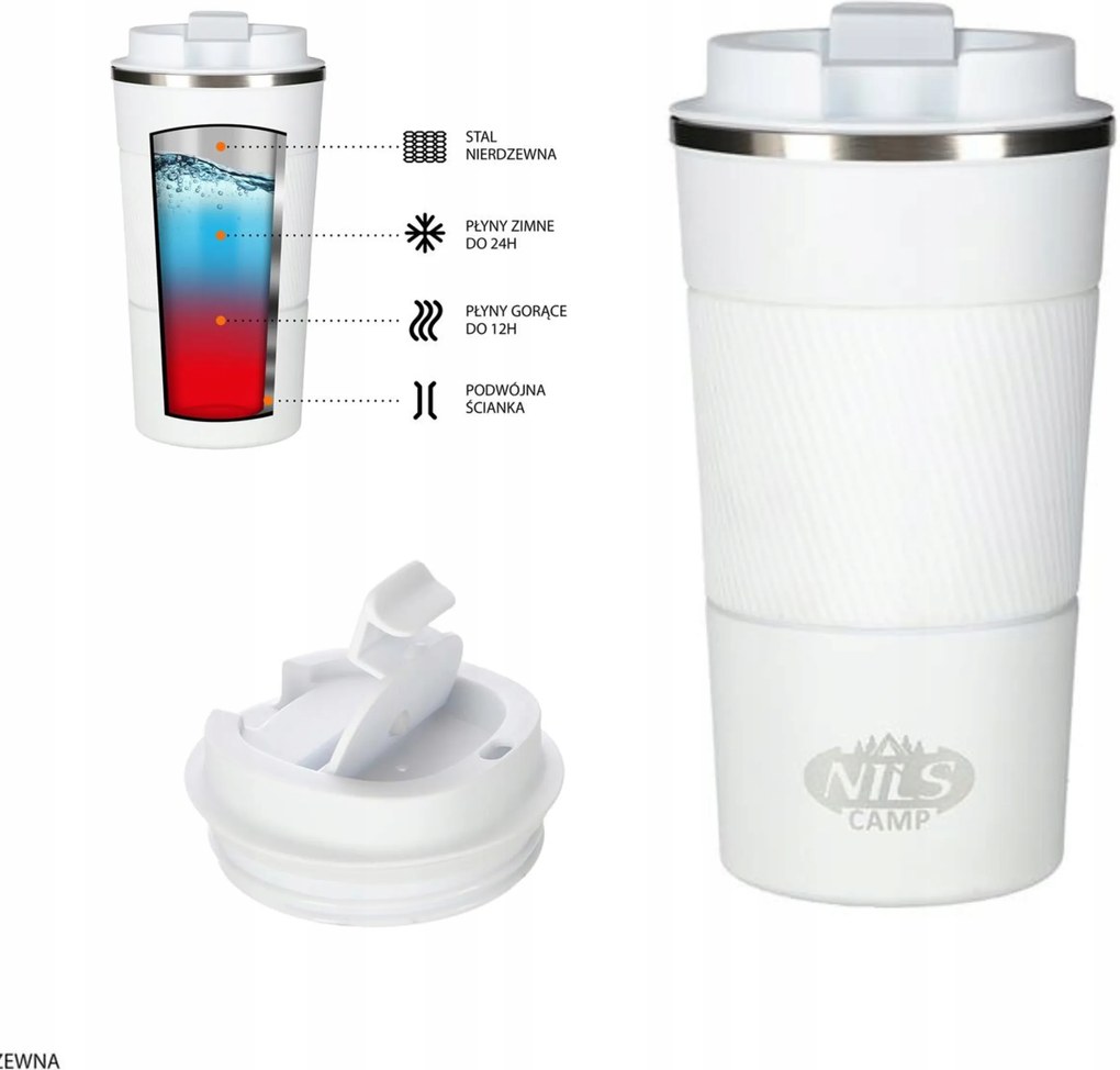 Bögre Nils 510ml fehér acél termosz gumi fogantyúval 12h