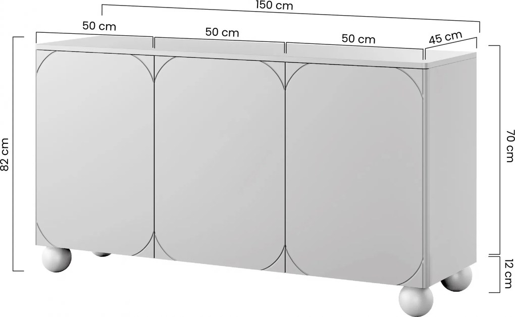 Sonatia II háromajtós komód 150 cm - kasmír / gömb alakú lábak