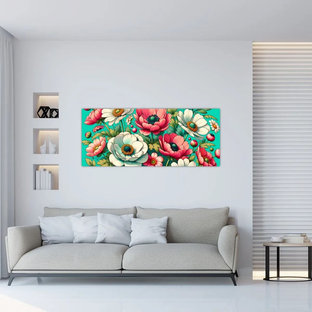 Kép - Virágok kék háttéren (120x50 cm)