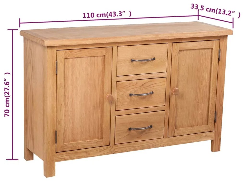 háromfiókos tömör tölgyfa tálalószekrény 110 x 33,5 x 70 cm