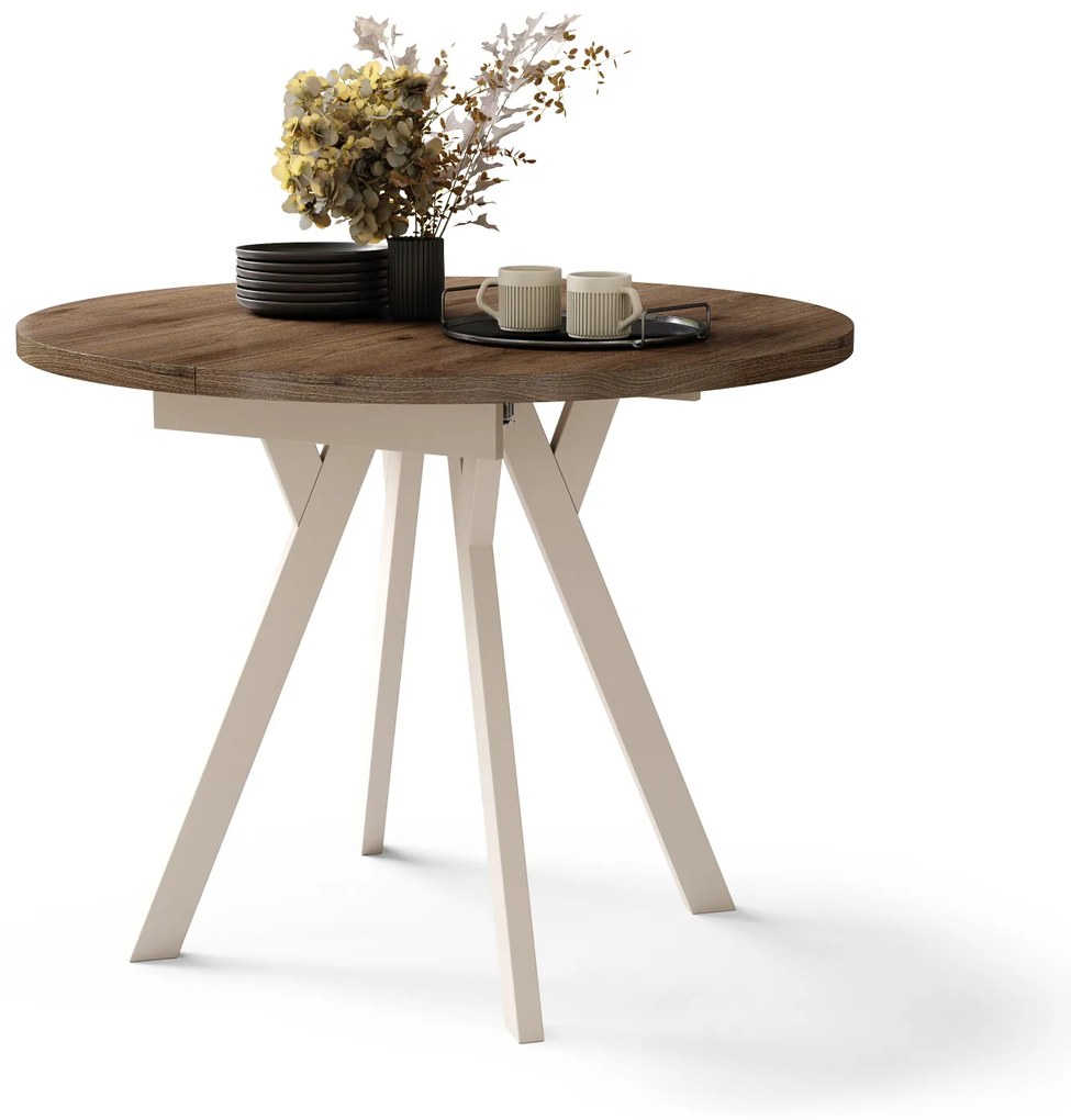 Mazzoni ALMO Elegáns Dió/bézs lábak - BŐVÍTHETŐ KEREK ASZTAL Y ALAKÚ LÁBAKKAL LOFT/IPARI STÍLUSÚ NAPPALIBA/ÉTKEZŐBE