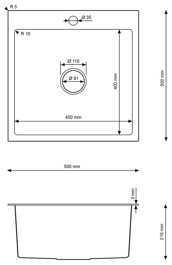 Erga HD, 1 kamrás acél mosogató 500x500x210 mm, grafit, ERG-MLS-HD5050B