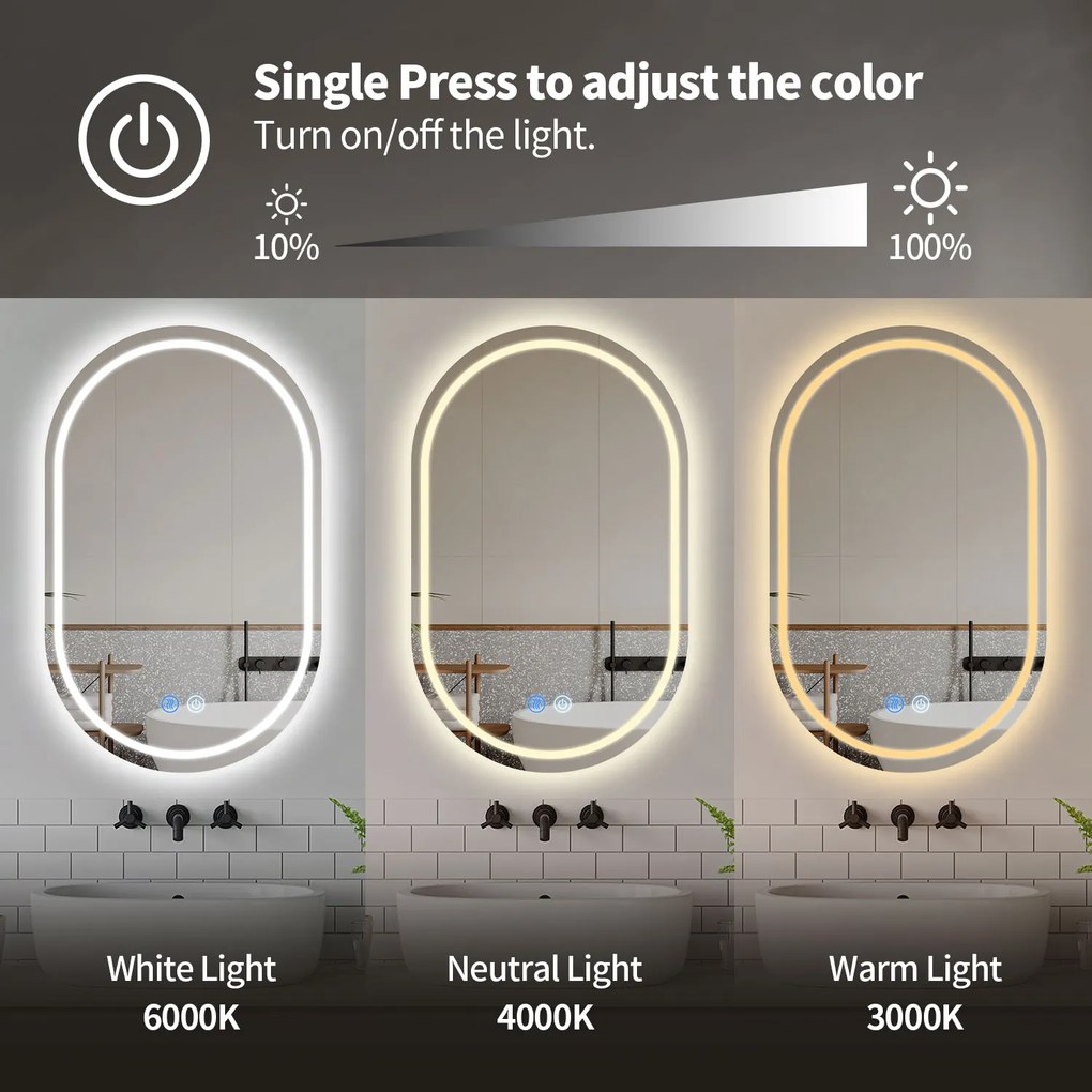Erga Lyra, ovális LED tükör 60x100cm, 3 színű fény, első és hátsó világítás, páramentes fűtőbetét, ERG-V01-Lyra-6010-CL