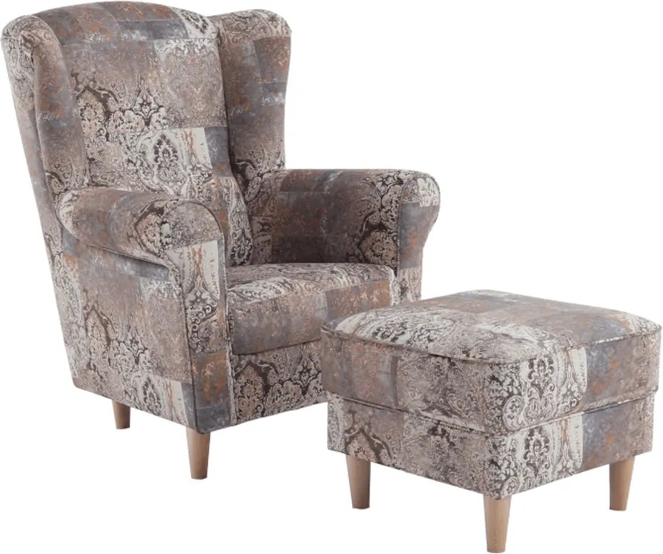 Füles fotel puffal, szövet vintage minta, ASTRID