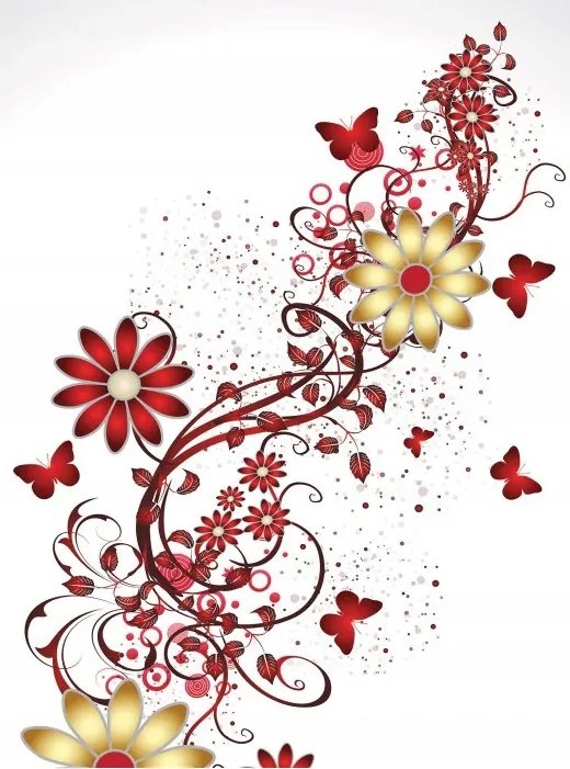 Fotótapéta Piros-arany Virágok és Pillangók fehér alapon 206x275 +ragasztó