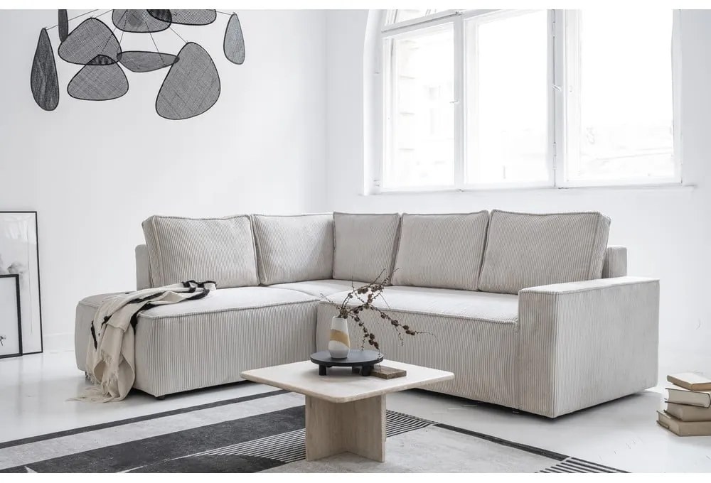 Fehér kordbársony kinyitható sarokkanapé (bal oldali) Brave Dave – Miuform