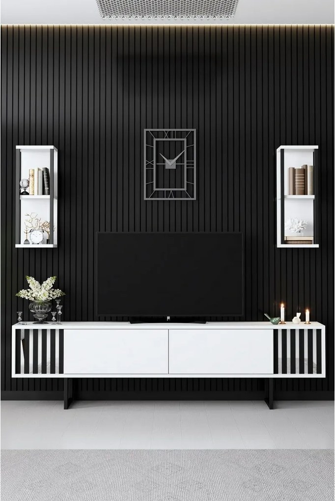 TV-állvány polcokkal Chrome White and Black