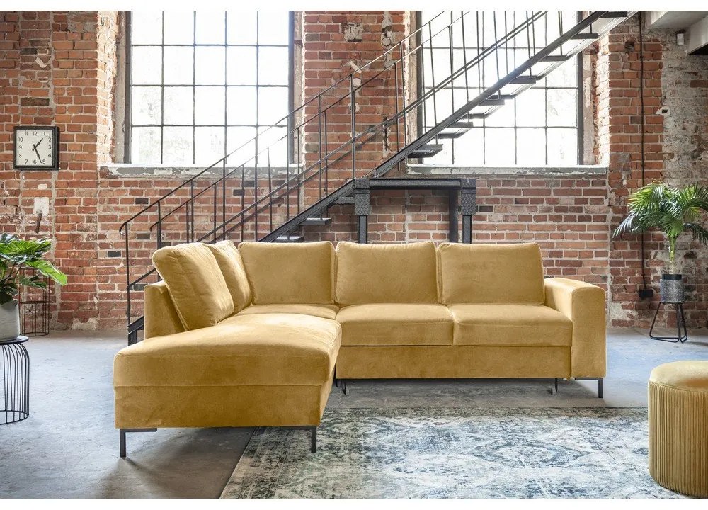 Sárga bársony kinyitható sarokkanapé (bal oldali) Lofty Lilly – Miuform
