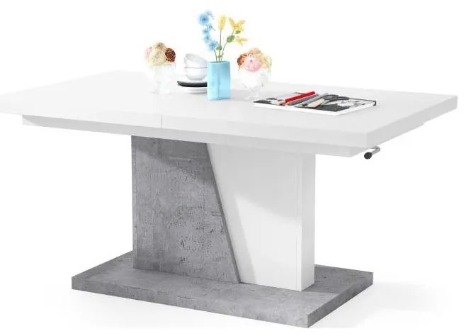 NINO fehér/szürke beton kihúzható, emelhető konferencia/étkezőasztal