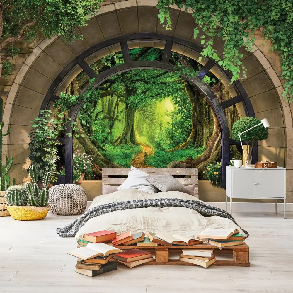 Boltíven át kilátás az erdőre poszter, fotótapéta, Vlies (250 x 175 cm)