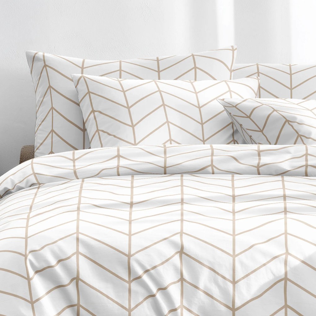 Goldea pamut ágyneműhuzat - bézs cikkcakk fehéren 140 x 200 és 70 x 90 cm