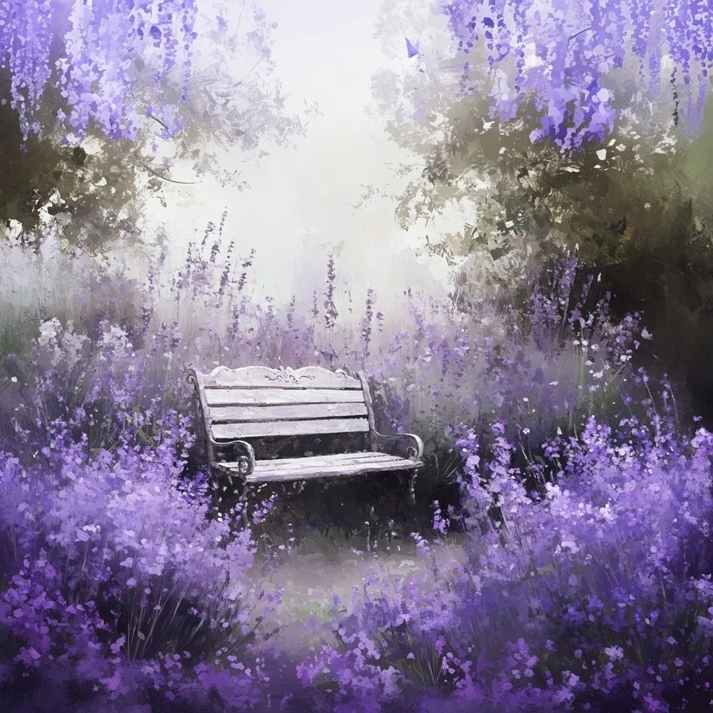 Vászonkép Canvas Tájkép Kert Park Levendula Pad Pihenés Csend 40x40