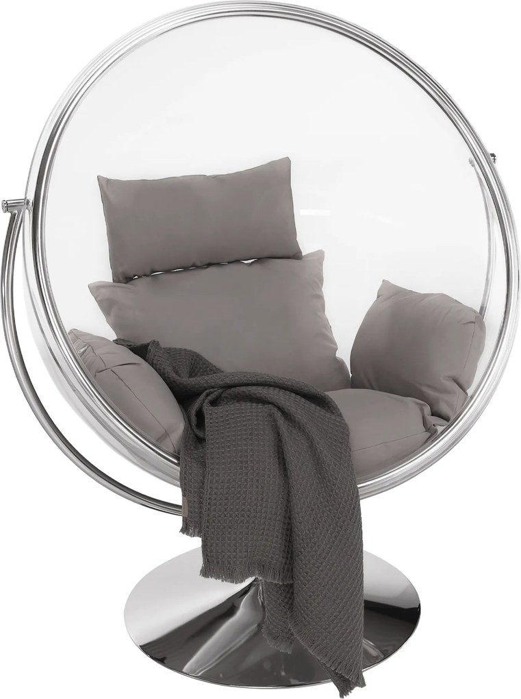 Függő fotel állvánnyal, átlátszó/ezüst/szürke, BUBBLE NEW TYP 2