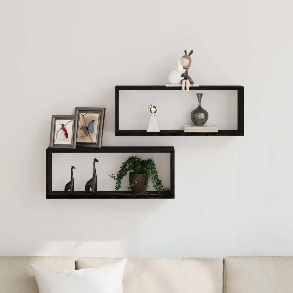 Fali Polcok 2 Darab Fekete Tölgy 60x15x23 cm Műanyag Fából Készült