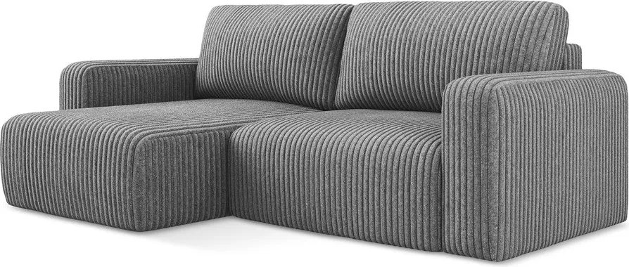 Szürke kordbársony kinyitható-tárolóhelyes sarokkanapé (bal oldali-heverő résszel) Kona – Makamii