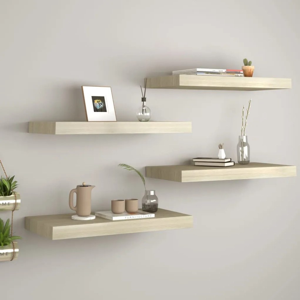 4 db tölgyszínű MDF lebegő fali polc 60 x 23,5 x 3,8 cm