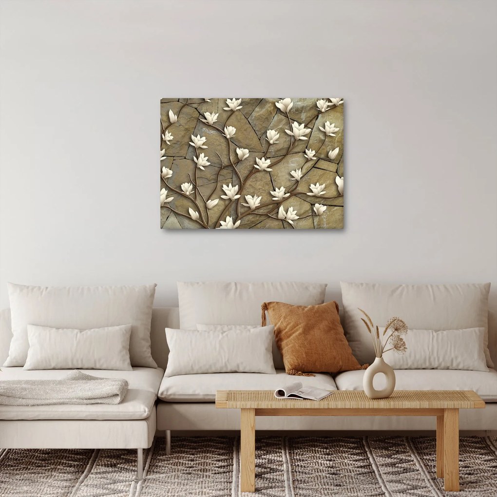 Kép - Fehér magnóliák kőfalazaton (70x50 cm)