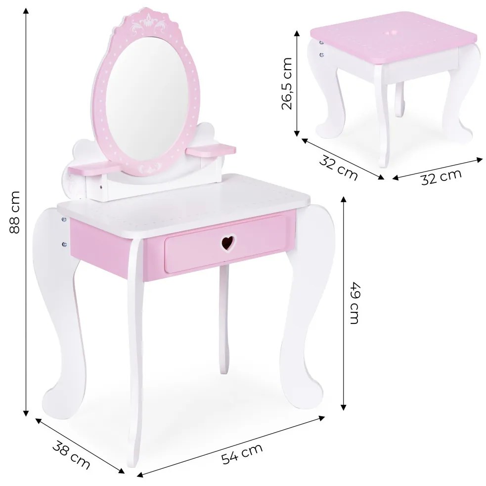 Fésülködőasztal gyerekeknek tükörrel székkel és 7 kiegészítővel