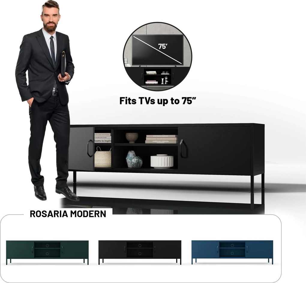 TV-szekrény fém széles XL lábakon fekete, 1700x400x500 mm: ROSARIA