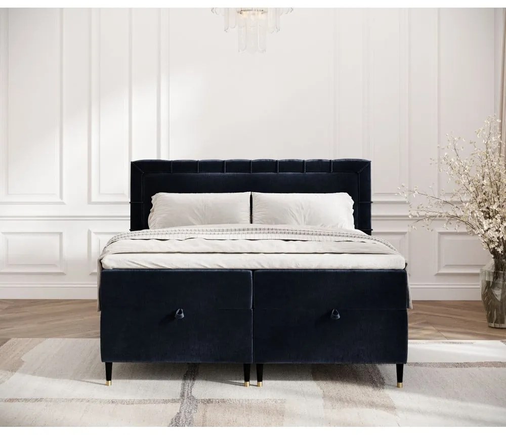 Sötétkék ágyneműtartós boxspring ágy 200x200 cm Voyage – Maison de Rêve