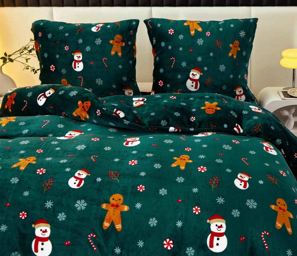 2 db-os Mikroplüss Ágyneműhuzat Szett SNOWMAN AND GINGERBREAD zöld + mikroplüss lepedő SOFT 180x200 cm fehér, franciaágy