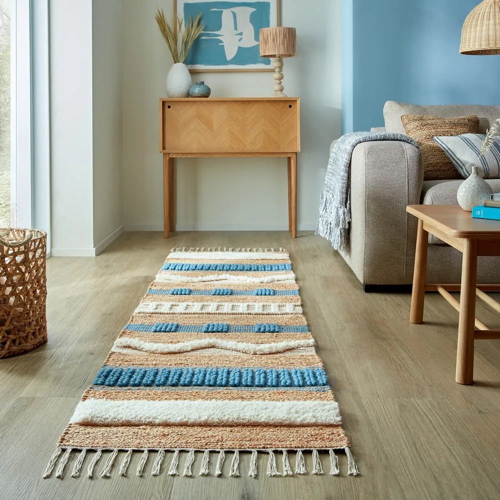Kék-natúr színű kézi szövésű jutakeverék futószőnyeg 60x230 cm Medina Jute – Flair Rugs