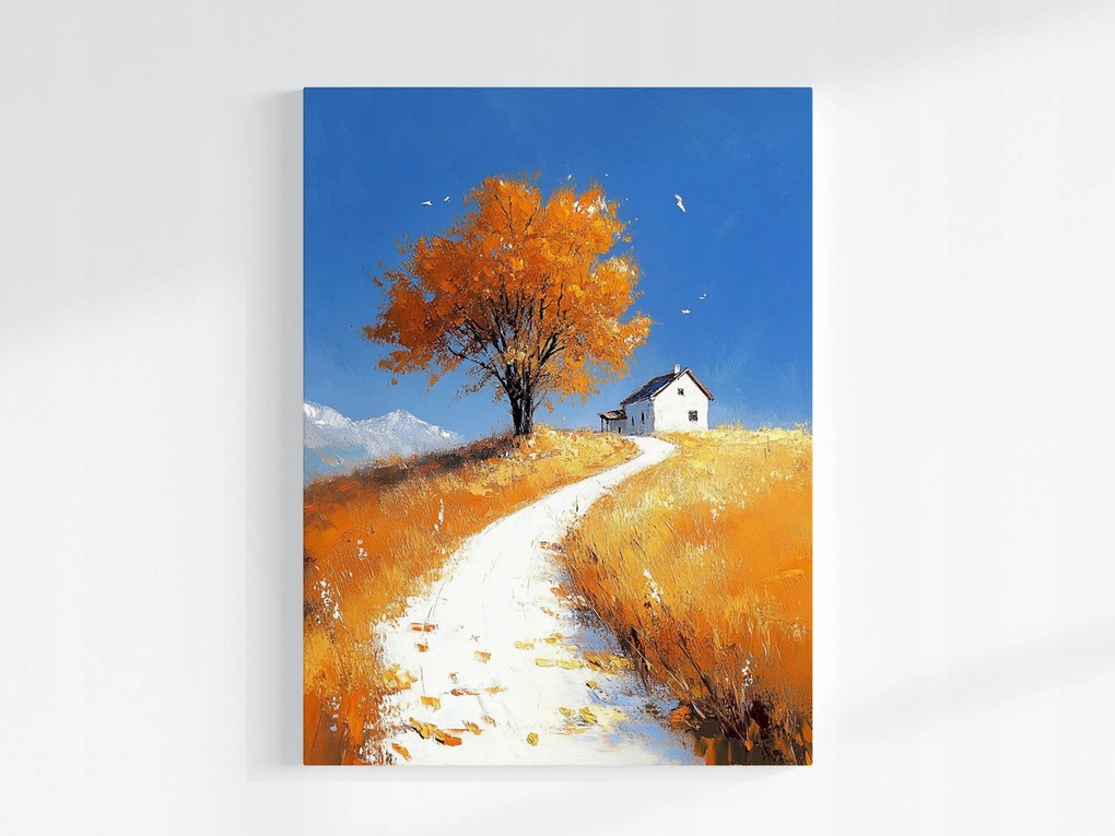 Vászonkép Canvas Tájkép Ősz Mező Út Falu Fa Ház 60x80