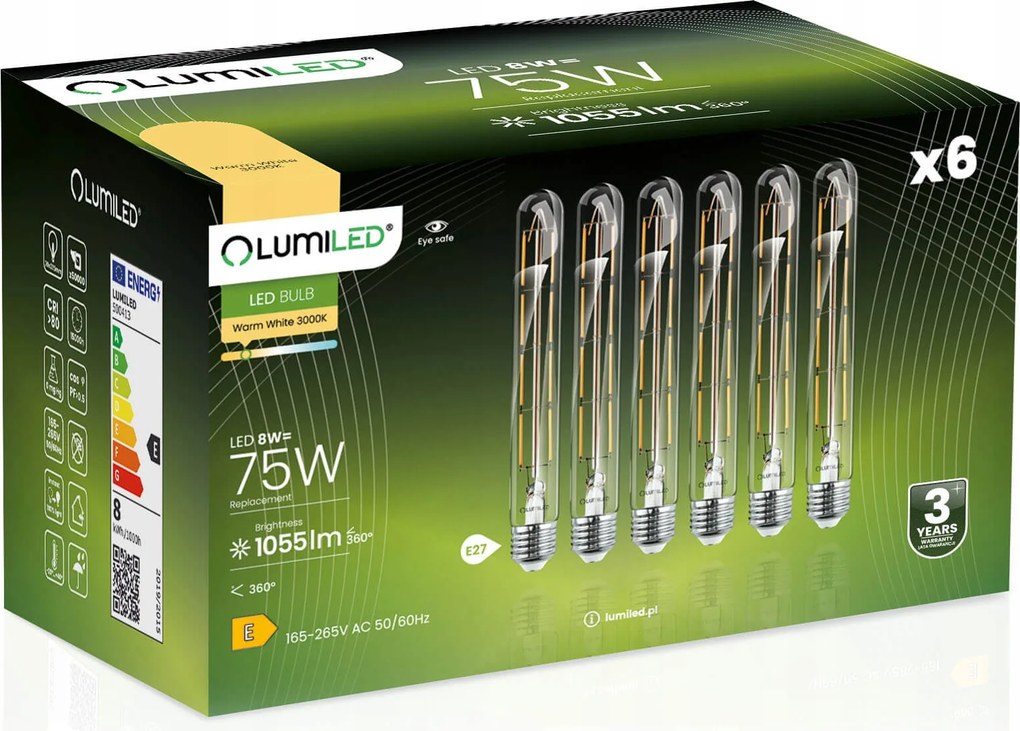 6X Led izzó E27 Cső T30 8W 65W 3000K Lumiled