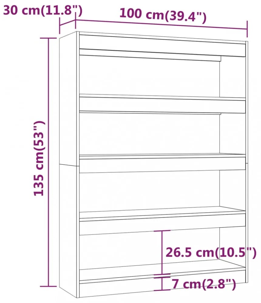 magasfényű fehér könyvszekrény/térelválasztó 100 x 30 x 135 cm