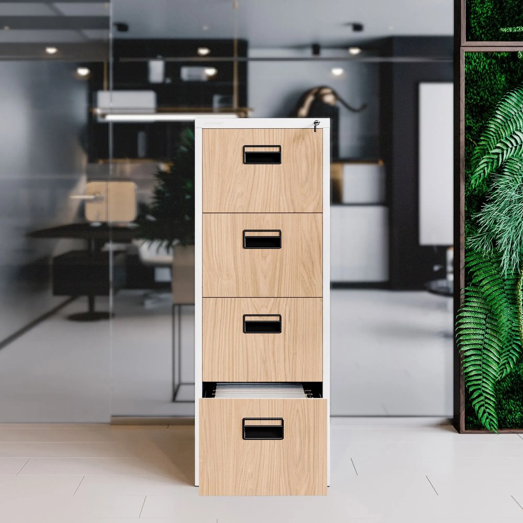 Fém irattartó szekrény, 4 fiókos SARA V4, 460 x 1320 x 620 mm, Eco Design: fehér/ sonoma tölgy