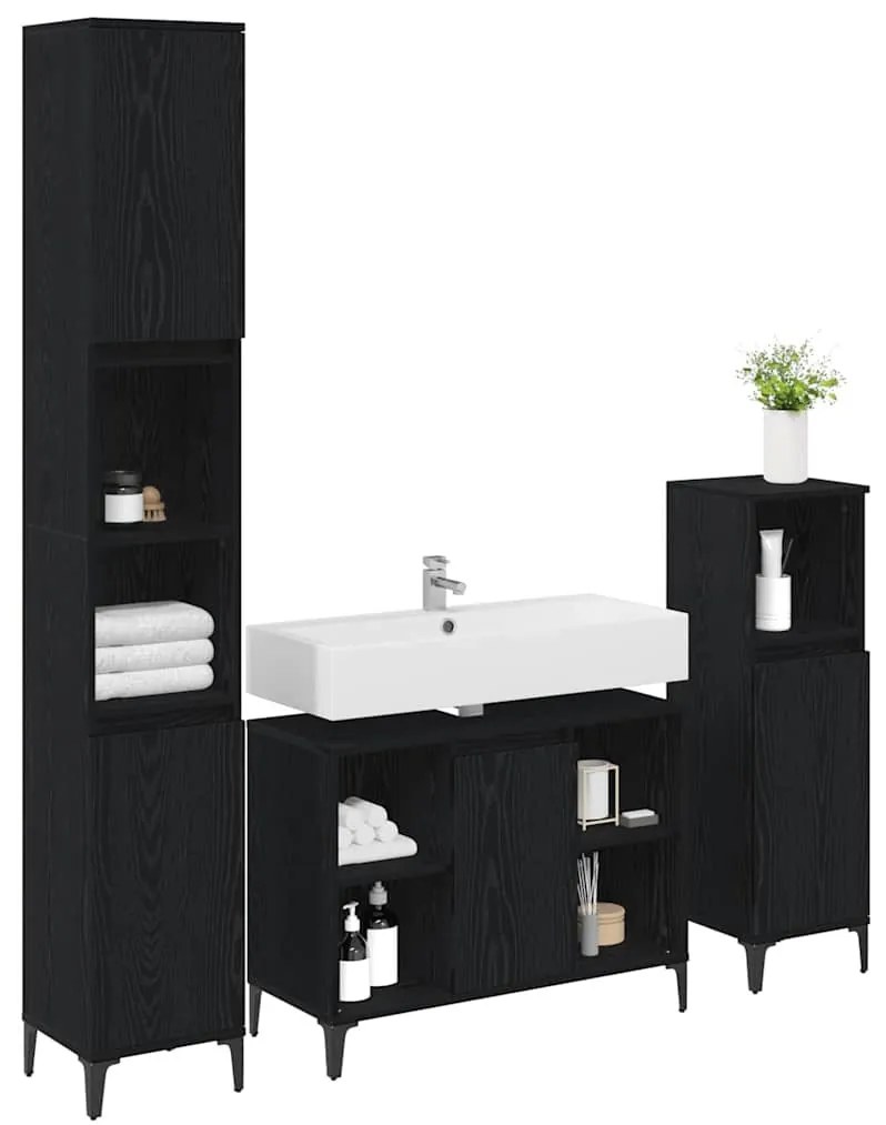 vidaXL Fürdőszoba bútor szett polcokkal 3 pcs Musta tammi Faanyag