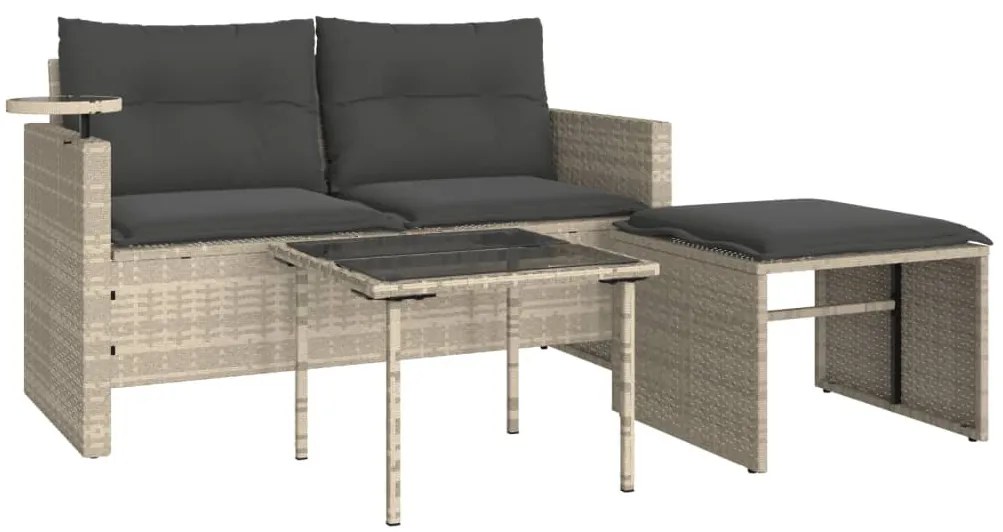 3 részes világosszürke polyrattan kerti ülőgarnitúra párnával