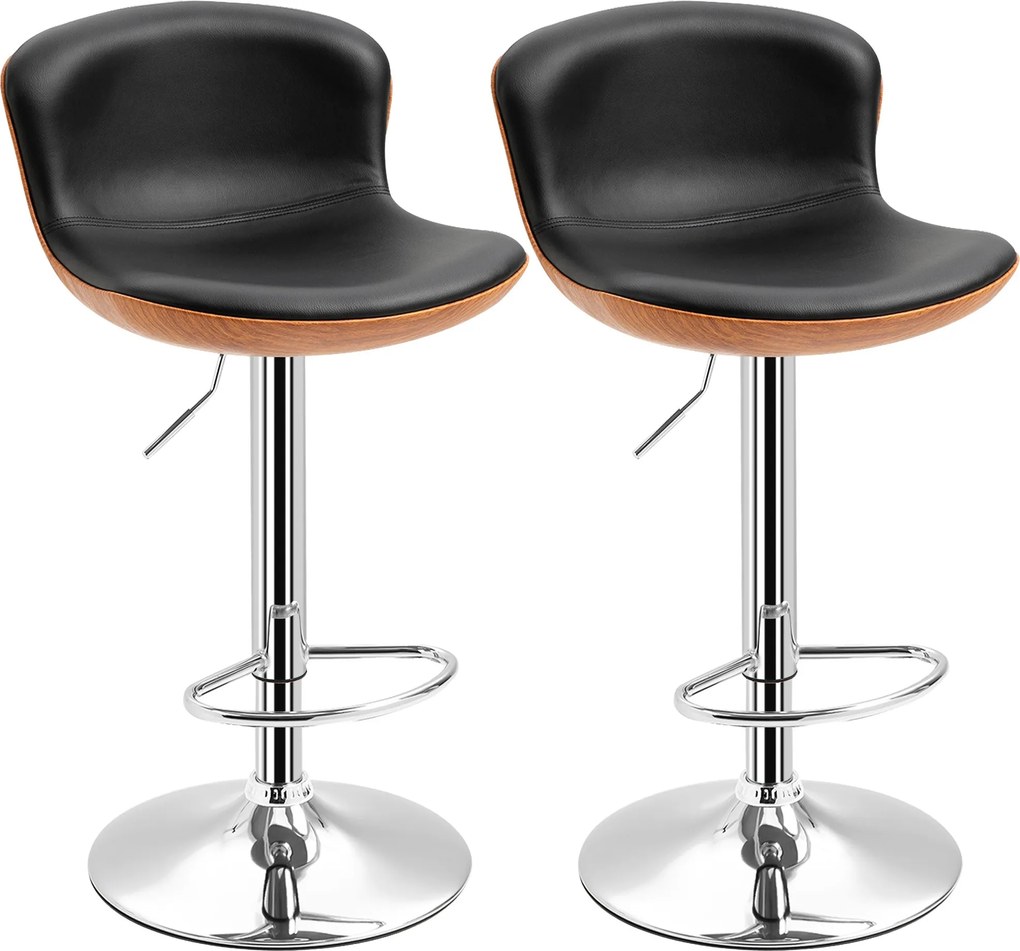 HOMCOM 2 darabos Kortárs Design Bárszék Szett, Magasság Állítható 64-85 cm, 360°-ban Forgatható Műbőr Fekete Imitált Fa | Aosom