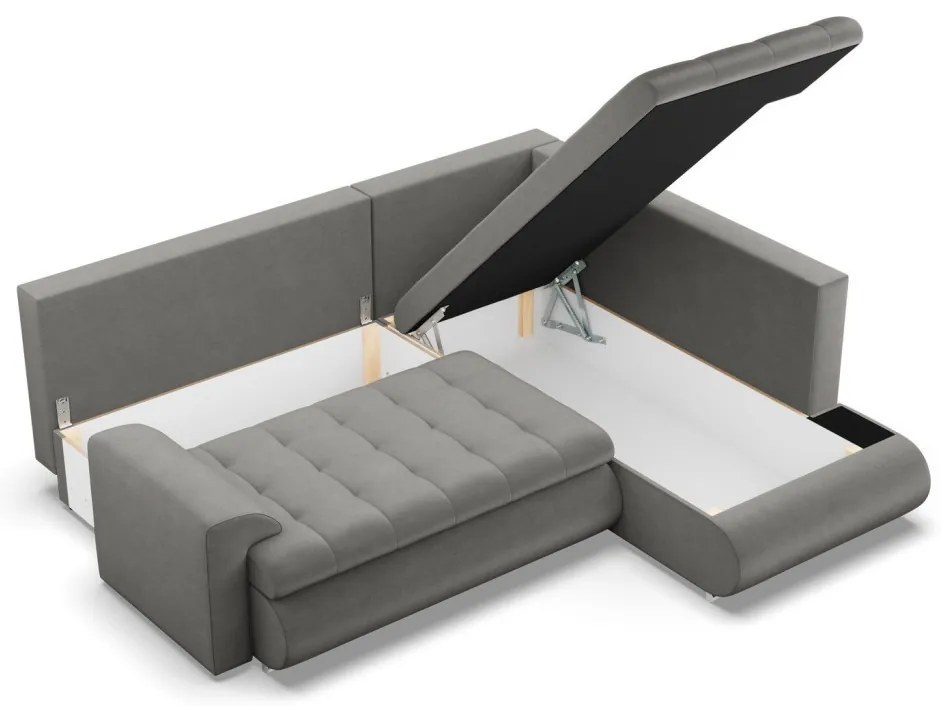 Tokio sarokkanapé, L alakú háttámlával, 2 ágyneműtartóval, bársony, jobboldali, világosszürke