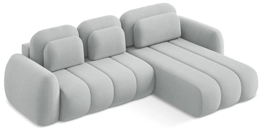 Világosszürke buklé kinyitható-tárolóhelyes sarokkanapé (jobb oldali-heverő résszel) Pele – Makamii